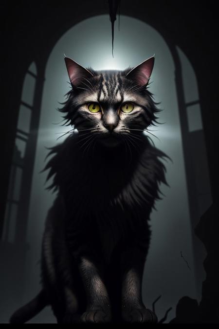 An ultra-realistic portrait of a tabby cat wearing an intricately designed gothic mask, standing dominantly with one paw placed on a cracked skull. The cat's fur is highly detailed, with vibrant tabby stripes softly illuminated by a cold, dim light coming from the right, contrasting with a very dark, warm light glowing faintly from the left. The gothic mask features ornate, dark metallic patterns and a slightly menacing aesthetic, adding an air of mystery and power to the cat's presence. The cracked skull beneath the cat's paw is weathered and aged, with fine fractures running across its surface, creating a chilling focal point. The background is smoky and dark, filled with swirling black mist that adds depth and a sense of eerie atmosphere. The lighting interplay highlights the textures of the mask, the catas fur, and the skull, emphasizing a dramatic and gothic mood. The overall scene is haunting yet captivating, blending realism with a dark, mystical aesthetic,  <lora:FluxDFaeTasticDetails:0.8>,   <lora:aidmaImageUpraderv0.3:0.4> aidmaimageupgrader,   <lora:victoriangothic_v50_rank64_bf16:1> vicgoth