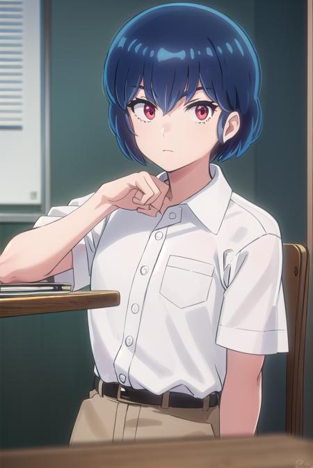 ryuunosukefujinami, <lora:ryuunosuke fujinami s1-lora-nochekaiser:1>,
ryuunosuke fujinami, short hair, blue hair, (red eyes:1.2), 
BREAK shirt, school uniform, (white shirt:1.5), short sleeves, collared shirt, belt, pants,
BREAK indoors, classroom,
BREAK looking at viewer, (cowboy shot:1.5),
BREAK <lyco:GoodHands-beta2:1>, (masterpiece:1.2), best quality, high resolution, unity 8k wallpaper, (illustration:0.8), (beautiful detailed eyes:1.6), extremely detailed face, perfect lighting, extremely detailed CG, (perfect hands, perfect anatomy),