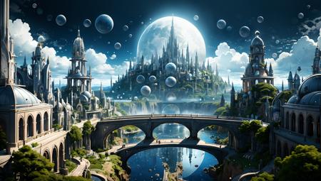 BJ_City_of_Wisdom,outdoors,sky,day,cloud,water,tree,blue_sky,(no_humans:1.2),moon,building,scenery,full_moon,bubble,city,fantasy,bridge,tower,waterfall,
cinematic lighting,strong contrast,high level of detail,Best quality,masterpiece,White background,<lora:City_of_Wisdom:0.7>,