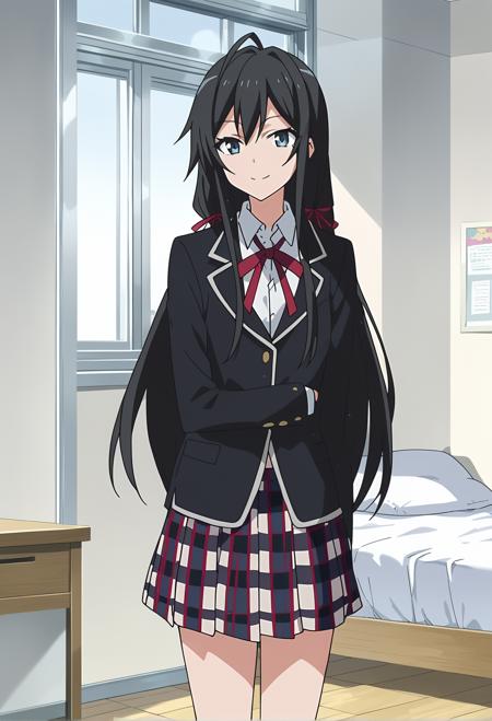 shiyukino, long hair, black hair, blue eyes, ribbon, school uniform, hair ribbon, black jacket, plaid skirt, blazer, sobu high school uniform, black thighhighs,