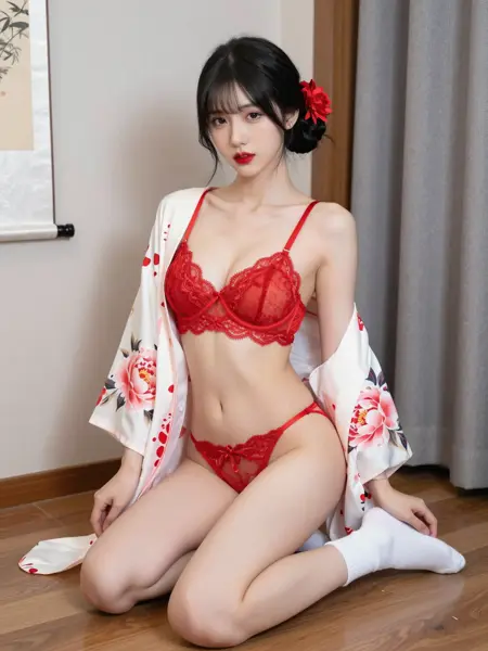 NSFW Z-IMAGE Japanese Lingerie Fusion Style – Crimson Lace Bra Set Paired With Floral Kimono Outerwear & White Ankle Socks