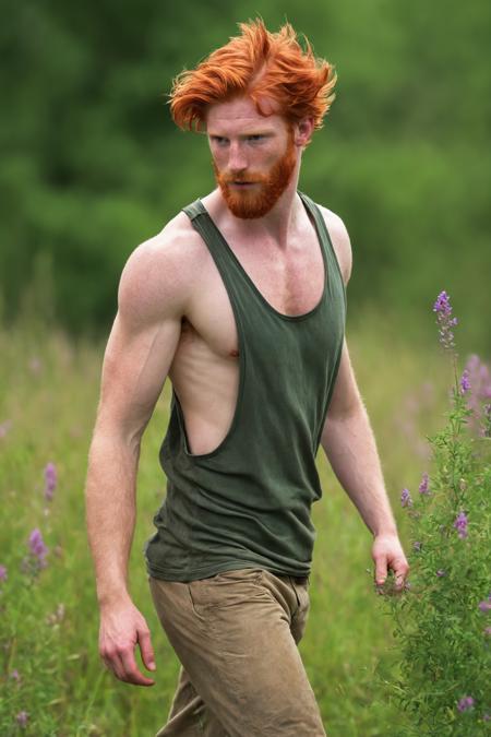 Amid a vibrant meadow abloom, a rugged yet lithe figure stands, his fiery crimson locks a stark contrast against the verdant surroundings. Clad in a loosely hanging tank top, its exaggerated armholes and plunging sides reveal glimpses of toned flesh adorned with a fiery trail of russet hair.
BREAK
On a sun-dappled canvas of wildflowers, an Irishman basks in the warmth, his chiseled features framed by a halo of burnished copper tresses. With a relaxed casualness, he dons a sleeveless shirt, its gaping armholes and daring side slits offering tantalizing peeks of his sculpted form, dusted with an alluring veil of ginger down.
BREAK
A tapestry of nature's vibrant hues unfurls beneath the tread of an auburn-haired Celt, whose rugged handsomeness is offset by a gentle, unassuming physique. His simple tank top hangs loosely, its cavernous armholes and plunging sides exposing the natural glory of a hirsute masculine form, from the tufted thatch under his arms to the ruddy down trailing across his chest.
BREAK
Wildflowers stretch as far as the eye can see, their kaleidoscope of colors a striking backdrop for the flame-haired vision striding amidst them. Though neither lean nor musclebound, the Irishman's physique is one of quiet strength, his loose tank top offering tantalizing glimpses of the fiery pelt cloaking his broad chest and the reddish thicket nestled under each arm. <lora:StringerSDXL_v2-B1-R:0.8> <lora:sweaty_shirt_v2-28-B1-Rescale:0.6>