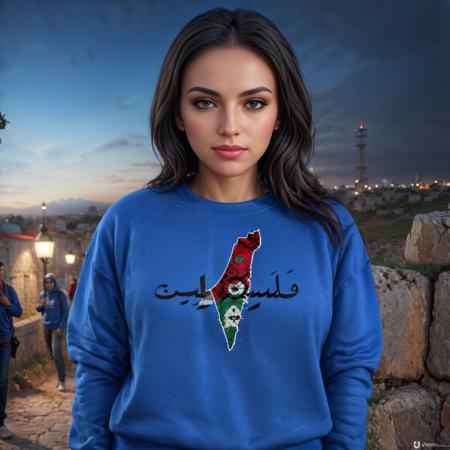 realistic,highres,reality,creative,huge filesize, <lora:PalestineFlagSdxl:1>, a woman wearing a blue sweatshirt with Palestine map dark, melancholy, dreamlike, symmetrical face, face by Yanjun Cheng, Irakli Nadar, unreal engine, trending on artstation