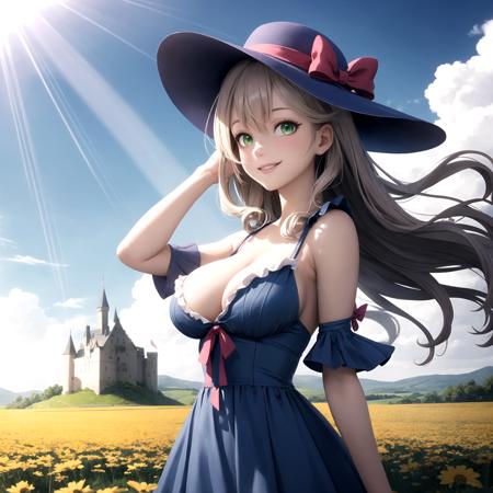 best quality, highly detailed, detailed background, female, green eyes, large breasts, blue dress, frills, very long hair, curly hair, summer hat, ribbon, bow, smiling, windy, storm, distant castle, fields, sun, sunshine, light rays