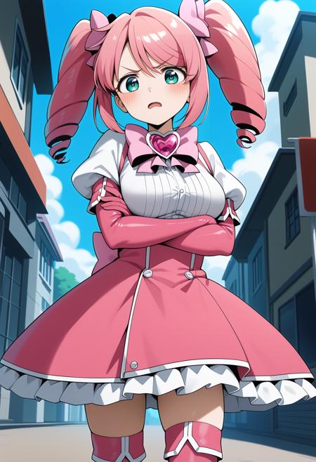 aaharuka, pink hair, twintails, drill hair, aqua eyes, breasts, magical girl, pink bowtie, brooch, pink dress, white shirt, puffy sleeves, short sleeves, elbow gloves, pink gloves, frills, pink thighhighs aaharuka, pink hair, twintails, drill hair, aqua eyes, breasts, pink bowtie, brooch, nude, maebari, heart pasties, elbow gloves, pink gloves, navel, pink thighhighs aaharuka, pink hair, twintails, drill hair, aqua eyes, breasts, serafuku, green sailor collar, yellow neckerchief, white shirt, long sleeves, pleated skirt, green skirt