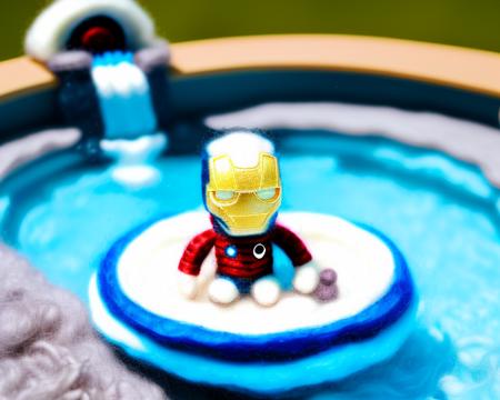 miniwool style of IronMan in a pool, made of wool, product photo, centered, cute, mini