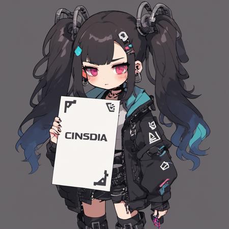 One cyberpunk girl held a blank piece of paper with Cinsdia written on it <lora:chibi_anime-000005:1>