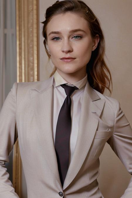 R@chelW00d, woman, wearing suit and tie ,close up, elegant, serious look, photorealistic, realistic