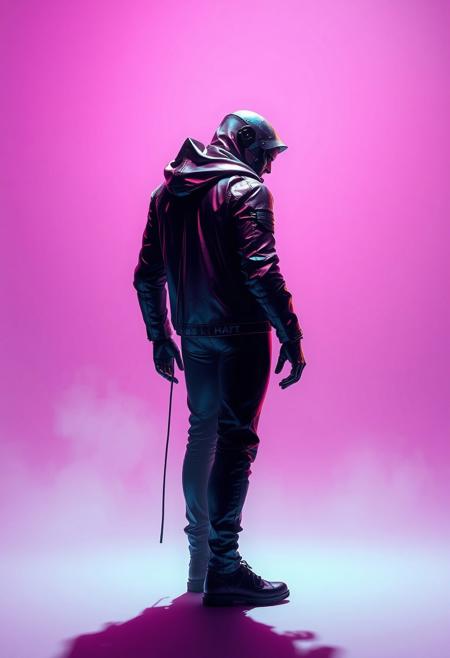 robert t techno style , Background: Clean, soft neon gradient with faint shadows and smudges, creating a stark contrast that emphasizes the character’s metallic textures and vibrant silhouette.