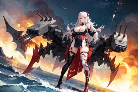 Shipgirl, IronBlood, 1girl, rigging, turret, solo, looking at viewer, full body, mature female, breasts, dynamic_pose, dutch angle, scenery, sea, ocean, standing, outside border, fire, destruction, long hair, white hair, huge breasts, high heel boots, smirk,<lora:Shipgirlsv2-10:1>, symmetrical,