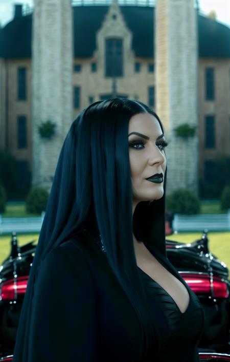 morticia a woman in a black dress stands in front of a car and looks off into the distance