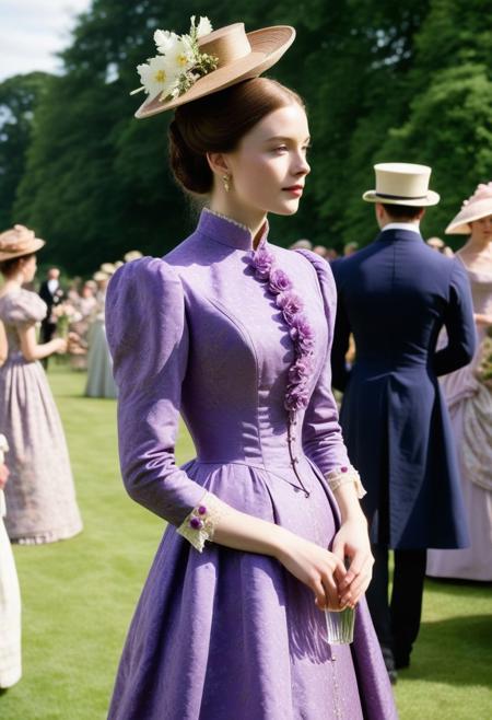 full length shot, scene in 1880, young lady at posh garden party, dressed in a purple dress with flower pattern and a hat, posh upper class girl, pale skin, tight figure fitting dress, long legs and slender body, hourglass waist, arched back, garden party with a crowd of guests, wine and hors d'oeuvres, (spectators), surrounded by people, beautiful sunny weather, full figure,