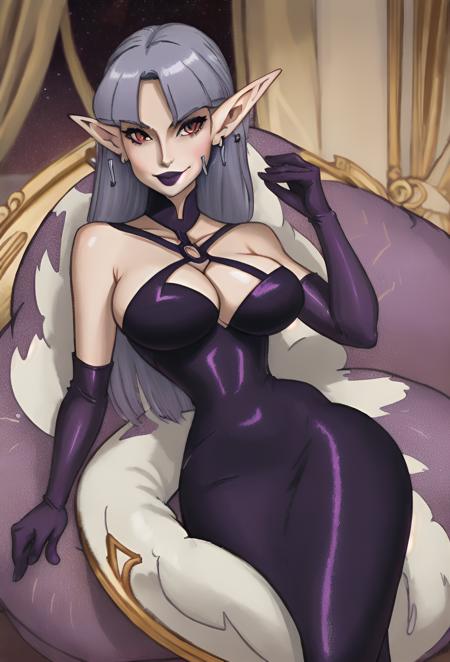 masterpiece detail, 1girl, beautiful face, young, DoubleDisguise, glowing red eyes, elf ears, seductive smile, open mouth, purple dress, purple lipstick, elbow gloves, high heels, earrings, fancy party, massive cleavage, slender waist, wide hips, large breasts, long legs, sexy, pin up