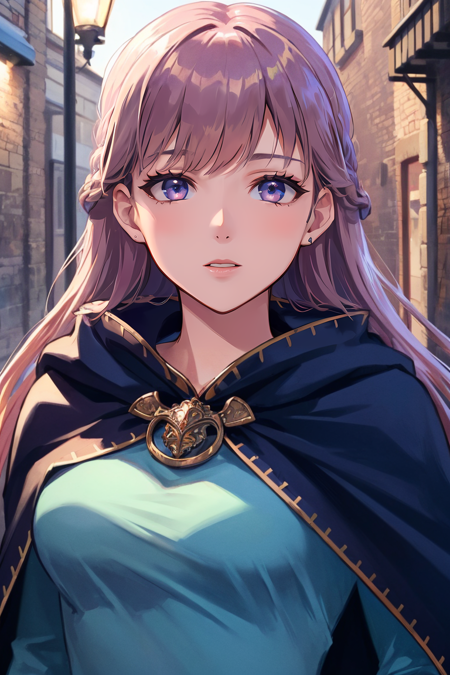 (highly detailed:1.3),
sophia fe, looking at viewer, town scenery, long sleeves, dress, jewelry, cape, blue dress, cloak, (belly chain:0.6), 
Ultra-detail,(highres:1.1),best quality,(masterpiece:1.3),cinematic lighting,
(highly detailed face and eyes:1.3),  <lora:Sophia_FEv2:0.8>