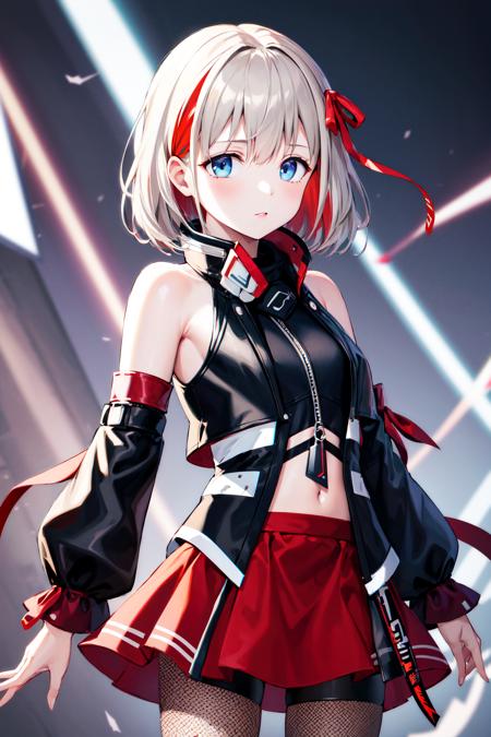 masterpiece, best quality, highres, ddasahi, short hair, multicolored hair, streaked hair, hair ribbon, red ribbon, bare shoulders, black jacket, sleeveless jacket, detached sleeves, red skirt, pantyhose, fishnets, <lora:serizawa_asahi_v1:0.7>, cowboy shot, standing,