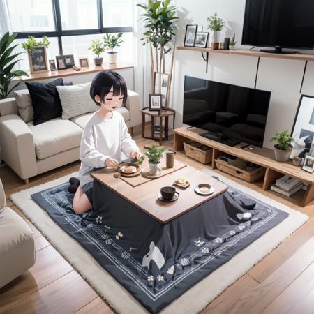 best quality, ultra-detailed, illustration,
kotatsu, plant, black hair, television, indoors, potted plant, short hair, sitting, plate, couch, food, long sleeves, rug, wooden floor, sweater, shirt, holding, 
 <lora:JAPAN_Scenery_kotatsu_SD15_V3:0.6>