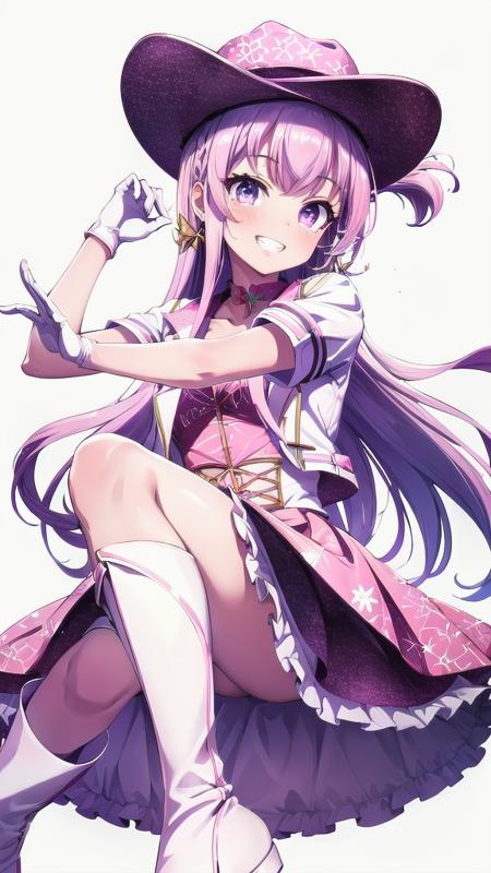 sp-hotaru, long hair, skirt, hat, gloves, dress, purple eyes, pink hair, short sleeves, frills, white gloves, white footwear, knee boots, pink headwear, 