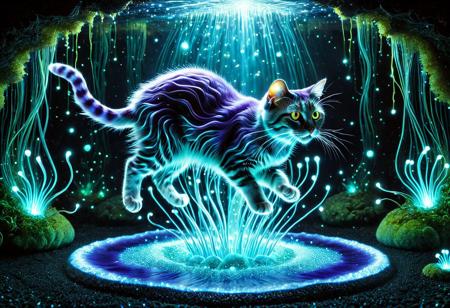 lazypos, A cat sculpted from living rainbow bioluminescence, its form woven from pulsating strands of energy that mimic rolling ocean waves frozen in mid-motion. Every muscle ripple glows with internal radiance, revealing veins of violet and gold beneath its translucent, jellyfish-like skin. Its whiskers stretch like filaments of molten silver, leaving shimmering trails of turquoise sparks in the air. Eyes are deep pools of glowing amber, refracting light like bioluminescent algae under moonlight, hypnotic and infinite. Paws unsheathe claws of condensed moonlight, each step leaving fleeting afterimages of glowing paw prints that dissolve like embers. Surrounding the creature, an ethereal forest glows in response: mushrooms pulse in rhythmic waves, willow tendrils drip liquid light, and the very air swims with floating dinoflagellate sparks. The cat arches its back in a dynamic leap, disrupting a curtain of hanging bioluminescent moss, particles scattering like a slow-motion supernova. Masterpiece-level hyper-detailed fur texture simulation, volumetric god rays slicing through the scene, cinematic shallow depth of field focusing on the cat’s blazing eyes.
