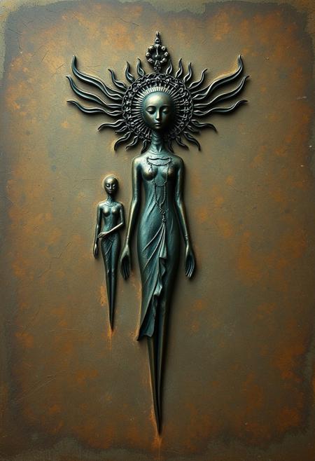 Ethereal spiritual vibe, cast bronze surface with antique patina finish, surreal minimalism, bold flat colors, dreamlike abstraction, enigmatic figures, subtle contrasts, muted color palettes, simplified forms, negative space composition, light aura, mystical feeling.