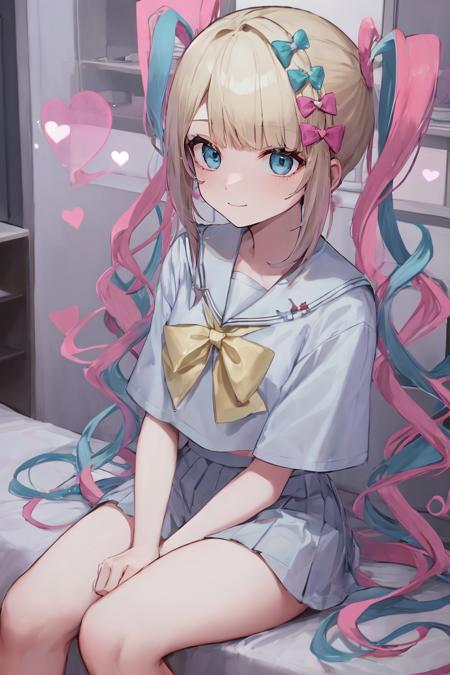 multicolored hair, quad tails, blonde hair, very long hair, multiple hair bows, blue eyes, white serafuku, yellow ribbon, white skirt, pleated skirt, ankle strap, platform footwear