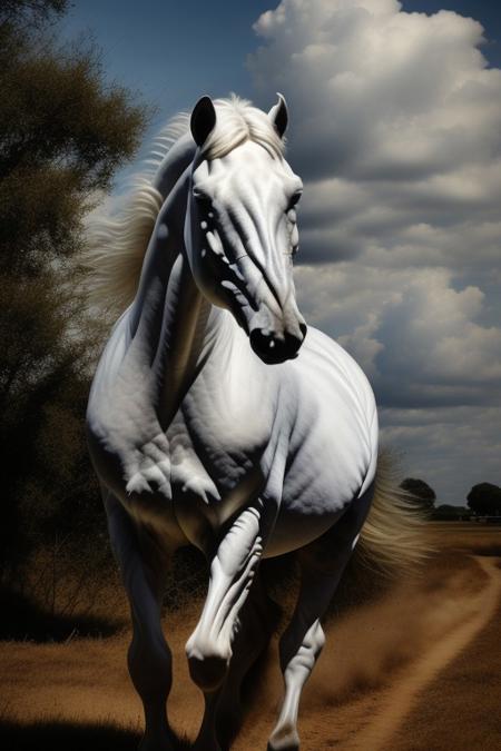 outdoors, no humans, animal, realistic, animal focus, horse, high detail photography, sharp focus, white skin, side view, white fur