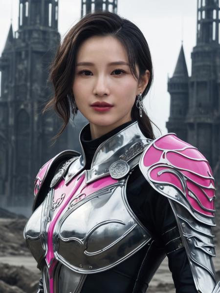 Masterpiece, 8K, Photorealistic, perfect, ,realistic, Skin Textures, High Resolution, stunning beautiful,mafanshu woman,jewelry,earrings,as A fearless knight in shining armor, sworn to protect her kingdom , ,  <lora:mafanshu_ej_JuggXL_1-000020:0.6>in A city of spiraling glass towers hovers over a wasteland of ash, their surfaces rippling with waves of liquid light. A brutalist-designed contrast of matte black and neon pink cuts through the scene, set against a zentangle of intricate, glowing lines.