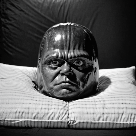 3h3dstyl, a grotesque, inhuman creature Darth Vader  with an oversized head and glossy, amphibian-like eyes lying on a striped pillow, its body tightly swaddled in white cloth; the creatureâs expression is unsettling, staring upward in eerie silence; dim overhead lighting casts long shadows across the bed, enhancing the disturbing contrast of textures between the slick skin and the soft fabric; the background fades into darkness, evoking a surreal, nightmarish atmosphere<lora:Eraserhead_Style_SDXL:1>
