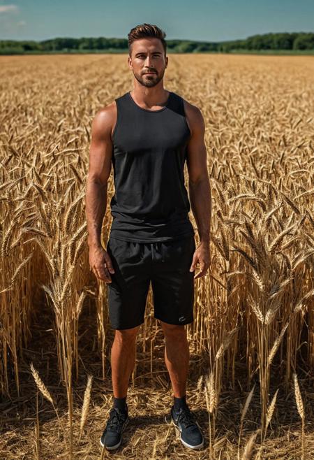 A man of 30 years old, 
tanned, 
in black shorts, 
with a bare torso, 
stands in the middle of a wheat field on a bright day of a hot summer day, 
ultra detailed ultra HD, 
Canon EOS R6 Mark II, 
award-winning, 
Professional, 
8k, 
stylize 1000, 
chaos 1000, 
perfect composition, 
beautiful detailed intricate insanely detailed octane render, 
8 k artistic photography, 
epic royal background, 
big royal uncropped crown, 
royal jewelry, 
robotic, 
nature, 
full shot, 
symmetrical, 
Greg Rutkowski, 
Charlie Bowater, 
Beeple, 
Unreal 5, 
hyperrealistic, 
dynamic lighting, 
fantasy art