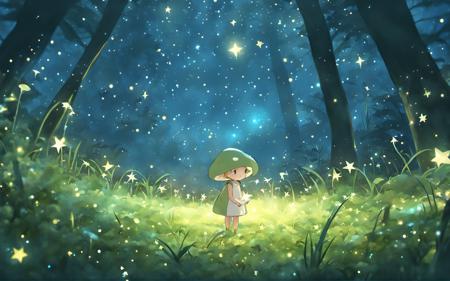 star,starlight,forest,1girl,grass,mushroom,squirmle,nights,surrounded by shining stars,,best quality,masterpiece,illustration,an extremely delicate and beautiful,extremely detailed,CG,unity,8k wallpaper,Amazing,finely detail,masterpiece,best quality,official art,extremely detailed CG unity 8k wallpaper,