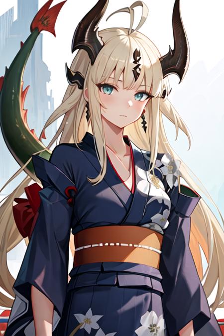 best quality, masterpiece, highres, solo, {yukata:1.40}, {kimono:1.20}, {reed_arknights:1.15}, horns, long_hair, dragon_horns, ahoge, bangs, blonde_hair, upper_body, blue_eyes, tail, breasts, white_hair, green_eyes