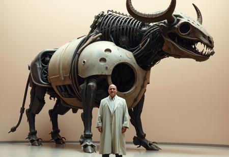 A  surreal, dystopian setting featuring a massive biomechanical creature resembling a bull. The creature has a skeletal head with mechanical eyes and exposed gears, its body is a mix of decayed organic material and industrial machinery, with visible wiring and components inside a hollow, egg-like torso. In front of the creature stands a bald man wearing a long, white, ceremonial robe and dark glasses, creating a sense of scale. The environment is minimalistic, with muted beige tones and a simple background, evoking a museum or sterile exhibit space. The lighting is soft and diffused, emphasizing the creature’s intricate details and the contrast between man and machine.