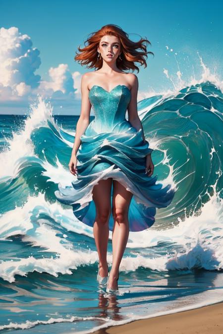 cr4sh1ngw4v3s, strapless, blue dress, dress made of waves,