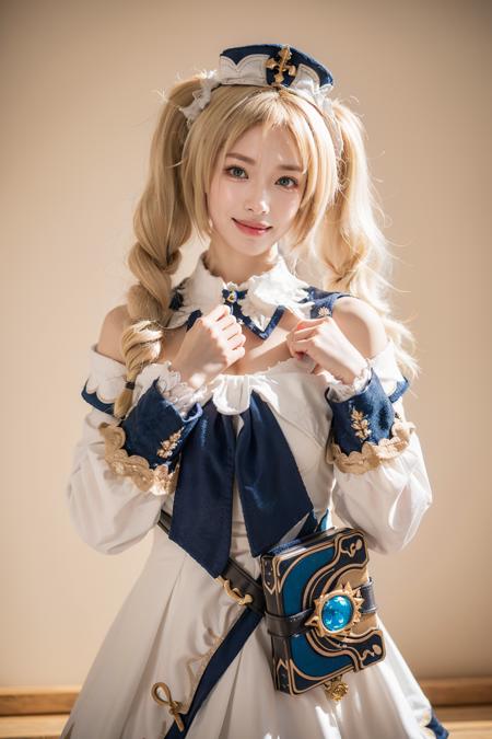 best quality, masterpiece, photorealistic, 1girl, solo, standing, cowboy shot, looking at viewer, smile, closed mouth, barbara cosplay costume, cosplay, blonde hair, hair between eyes, twintails, dress, long sleeves, hat, detached collar, waist bag, simple background, <lora:genshin_Barbara_cosplay_v1:0.6>