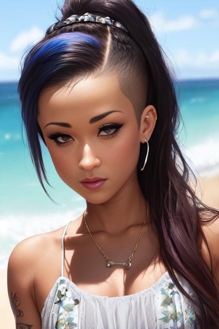 (sharp focus:1.2), photo, attractive skidi-6500, detailed eyes, luscious lips, (cat eye makeup:0.85), (large eyes:1.0), (toned body:1.2), wearing (sundress) on a (beach:1.2).  (moody lighting:1.2), depth of field, bokeh, 4K, HDR. by (James C. Christensen:1.2|Jeremy Lipking:1.1).