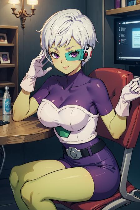 masterpiece, best quality, <lora:cheelai-nvwls-v1-000010:0.9> cheelai, green skin, tinted eyewear, purple bodysuit, short sleeves, purple shorts, belt, armor, white gloves, large breasts, boots, smile, sitting, chair, table, futuristic, circuitry, looking at viewer, smile