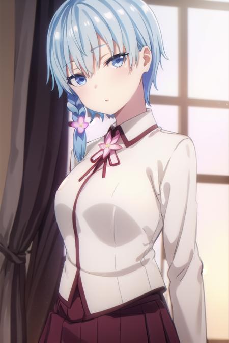 lunakusami, <lora:luna kusami s1-lora-nochekaiser:1>,
luna kusami, short hair, blue eyes, hair ornament, blue hair, flower, hair flower, braid, single braid,
BREAK skirt, long sleeves, school uniform, pleated skirt, serafuku,
BREAK indoors, classroom,
BREAK looking at viewer, (cowboy shot:1.5),
BREAK <lyco:GoodHands-beta2:1>, (masterpiece:1.2), best quality, high resolution, unity 8k wallpaper, (illustration:0.8), (beautiful detailed eyes:1.6), extremely detailed face, perfect lighting, extremely detailed CG, (perfect hands, perfect anatomy),