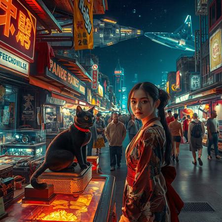 Setting is a futuristic cyberpunk street market at night, the market is comprised of street vendors selling robot parts, food, weapons, and robots. People wearing futuristic cyberpunk clothing are walking through the street market shopping and eating, A sleek black cat with red collar sits on a cluttered metal riveted desk with transparent top and micro-LED lighted computer components visible inside, On the desk is an ebony and gold maneki neko statue and futuristic art deco lighting, (((a beautiful woman, 24 years old, is standing in the foreground FACING THE VIEWER, she has an expression of interested curiosity)))))), the sleek black cat with red collar is sitting on the desk and watching the people walking by in the busy street market, the woman is dressed in futuristic cyberpunk ECLECTIC style yukata with a low neck line alluring aesthetic. An enormous art deco inspired starship with futuristic lighting and an enormous space station are visible in the background among the stars, The woman's hair is elegantly tied up with a ribbon. Artistic cyberpunk, dynamic perspective, (((overall architectural aesthetic is Art Deco Cyberpunk))).  Epic image that elicits a feeling of wonder and awe, (((((CLASSICALLY STYLIZED LIGHTING AND ARCHITECTURE FROM CHINA INDIA JAPAN FRANCE EGYPT ROME AND GREECE))))),