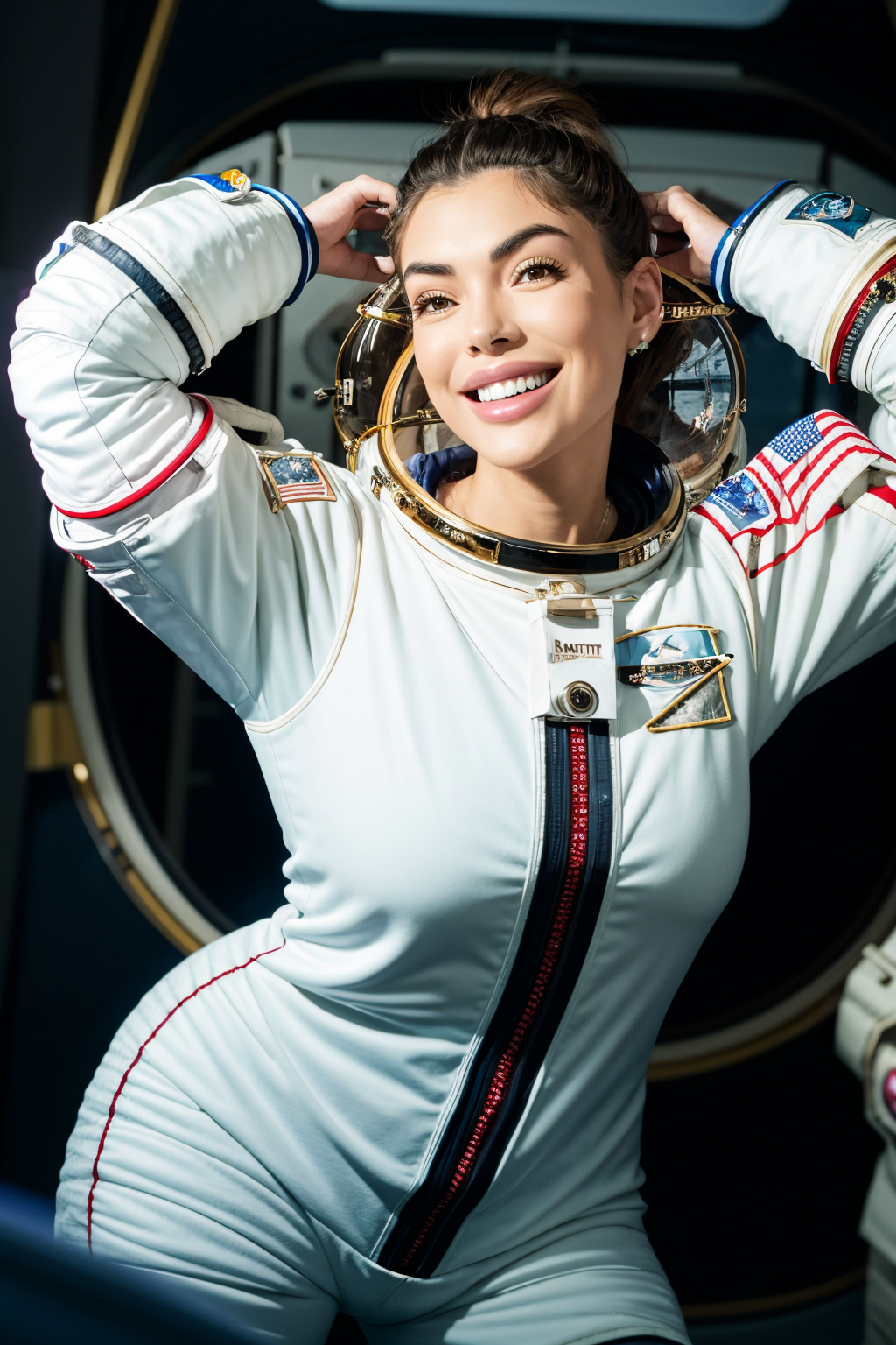 analorde, a woman, smiling, (wearing astronaut space suit:1.4) <lora:analorde:0.9>