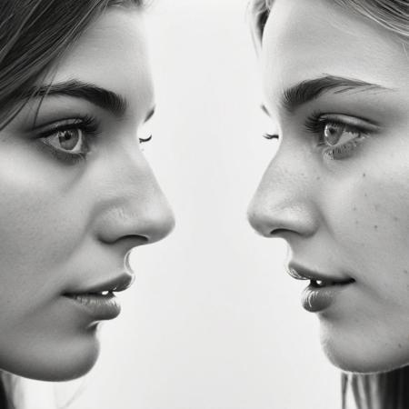 2 girls facing each other without contact,  portrait, black and white, analog photo, hyper realistic, photo realism, masterpiece, beautiful face, perfect eyes