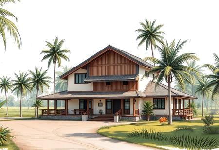 (Ultra-realistic, 32k, Masterpiece, High Quality, Detailed Realistic Background, Official Art, Realistic Lighting, filmfotos).
Sketch design, illustrator art, hyper detail architecture design sketch.
Japandi house, two stories farmhouse, Nearby farmland and garden. Direction connected road. Surrounded by Tropical trees.
60% primary color: Warm Cream, Soft Light Wood

30% secondary color: Charcoal Gray, Rich Mahogany

10% accent color: Dusty Coral, Matte Black, Burnt Orange
