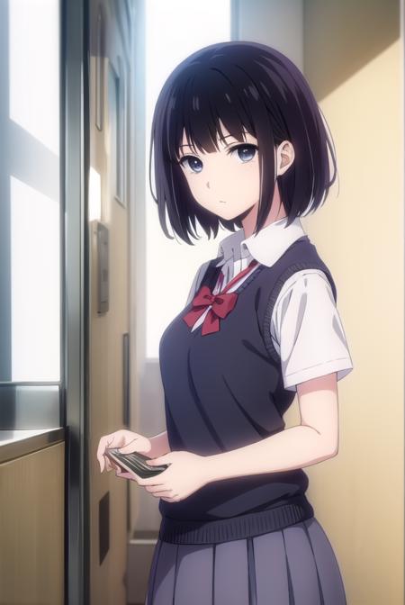 hanabiyasuraoka, <lora:hanabi yasuraoka s1-lora-nochekaiser:1>,
hanabi yasuraoka, short hair, black hair, (black eyes:1.5),
BREAK skirt, bow, school uniform, shoes, socks, bowtie, kneehighs, sweater vest,
BREAK indoors, classroom,
BREAK looking at viewer, (cowboy shot:1.5),
BREAK <lyco:GoodHands-beta2:1>, (masterpiece:1.2), best quality, high resolution, unity 8k wallpaper, (illustration:0.8), (beautiful detailed eyes:1.6), extremely detailed face, perfect lighting, extremely detailed CG, (perfect hands, perfect anatomy),