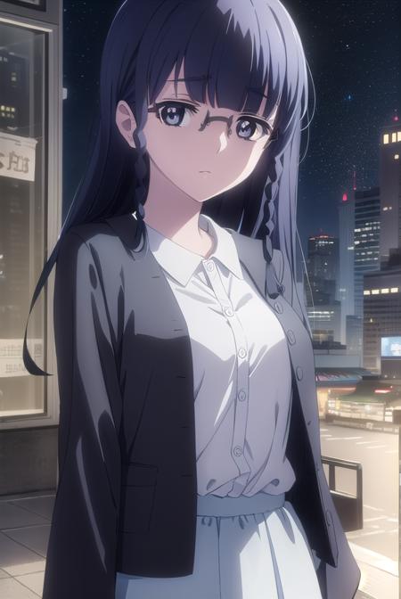 setsunashimazaki, <lora:setsuna shimazaki s1-lora-nochekaiser:1>,
setsuna shimazaki, long hair, bangs, (black eyes:1.5), black hair, braid, glasses, blunt bangs, twin braids, semi-rimless eyewear, under-rim eyewear,
BREAK shirt, blue shirt, collared shirt, cardigan, yellow cardigan, skirt, blue skirt,
BREAK outdoor, city, night, sky, buildings, moon, clouds,
BREAK looking at viewer, (cowboy shot:1.5),
BREAK <lyco:GoodHands-beta2:1>, (masterpiece:1.2), best quality, high resolution, unity 8k wallpaper, (illustration:0.8), (beautiful detailed eyes:1.6), extremely detailed face, perfect lighting, extremely detailed CG, (perfect hands, perfect anatomy),