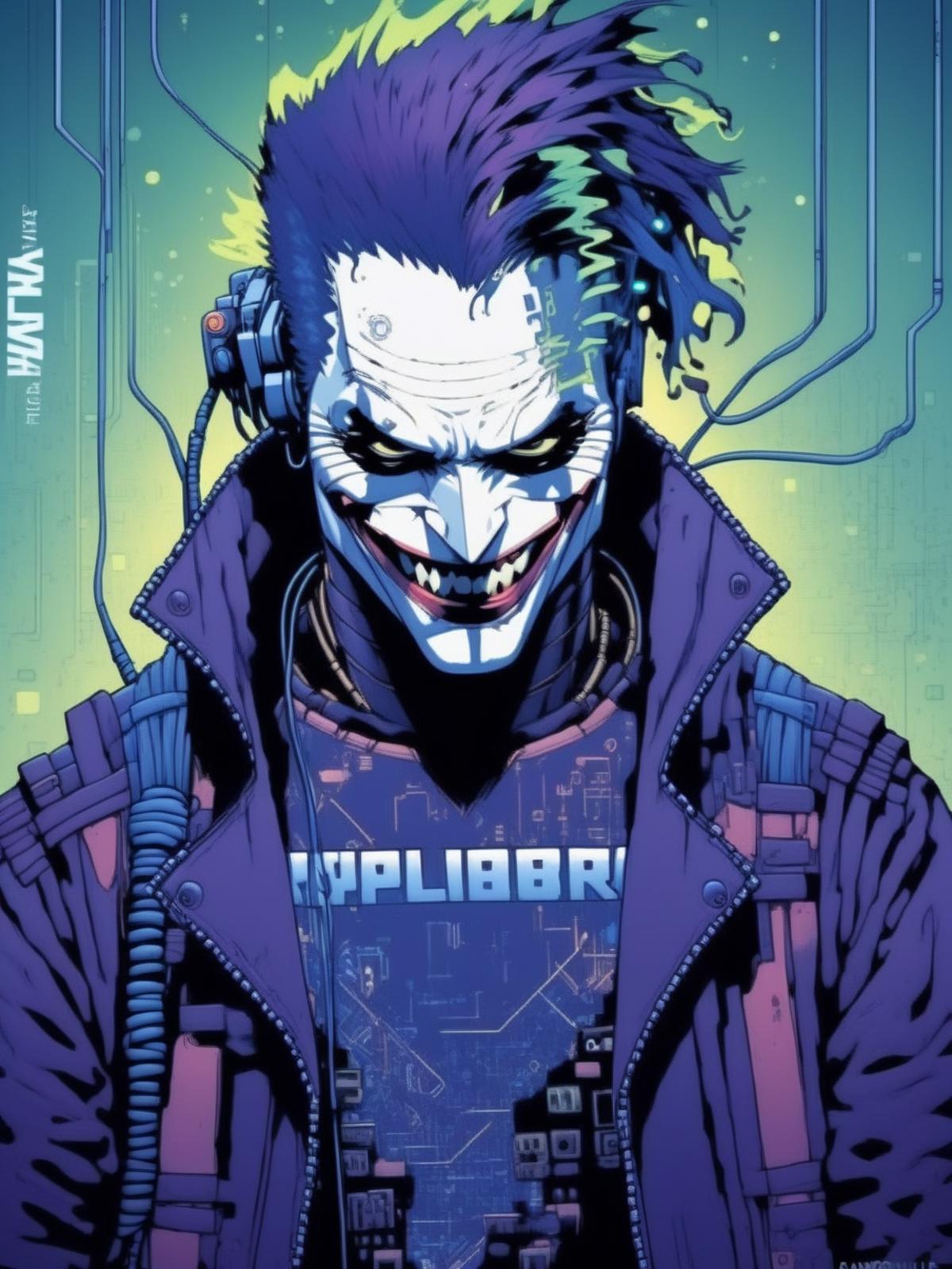 A purple and black comic book image of a clown named Joker.