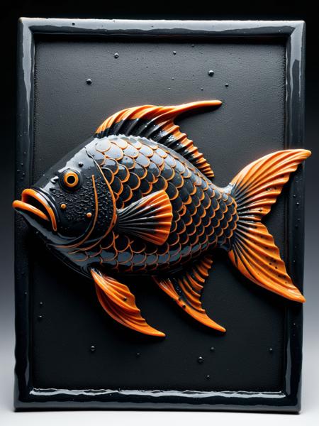 <lora:Fresh_Tarmac_SXDL:1>, an intricately detailed fish made of orange and black ais-tarmac swimming happily in murky waters