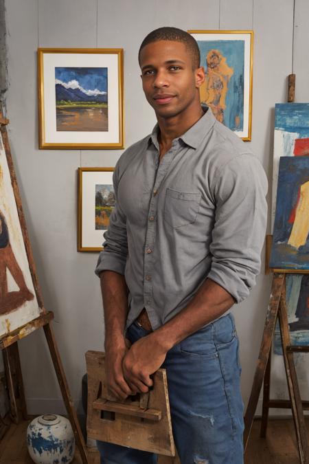 (solo), RAW Photo, photo of (light brown skin:1) African American man sc_chad3 <lora:sc_chad3-06:0.75> painting in a well-lit spacious artist's loft surrounded by canvases, wearing a slate gray button down cotton shirt and distressed jeans, paintings and sculptures in the background, exposed brick walls, pottery, large wooden easel stands, natural light, industrial-style windows, soft flow, inspired artistic mood, paint jars, brushes, distant gaze, lost in thought, contemplative, strong