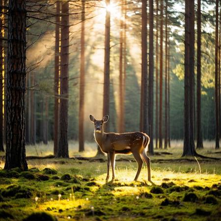 A serene forest clearing bathed in the golden light of late afternoon, (sunbeams filtering through tall pine trees:1.2), casting long, soft shadows across the moss-covered ground. In the center, a single (wild deer) grazes peacefully, surrounded by tiny floating pollen and sparkling dust motes. The background melts into a dreamy, painterly blur with distinctive (cinematic bokeh:1.3). (Cinematic color grading, vintage lens effects, warm mood, shallow depth of field, hyper-realistic details, high resolution)