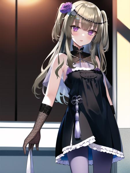 meimei_himari,flaxen hair,two said up,long hair,purple eyes,dark dress,sleeveless,purple pantyhose,sash long glove,black high heel