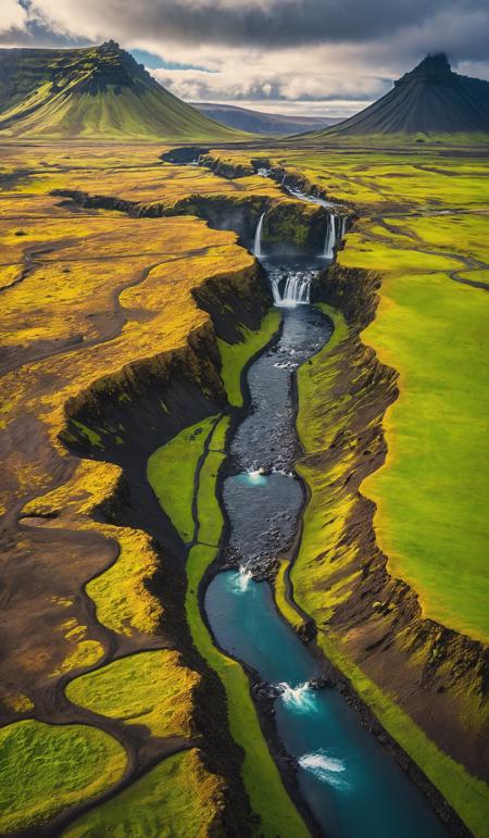 Adventure, Aerial View, Agricultural Field, Awe, Beauty, Beauty In Nature, Canyon, Cliff, Cloud - Sky, Color Image, Discovery, Dramatic Landscape, Drone, Environment, Environmental Conservation, Exploration, Extreme Sports, Extreme Sports Point of View, Extreme Terrain, Famous Place, Geology, Green Color, Hill, Horizontal, Iceland, Idyllic, Island, Journey, Landscape - Scenery, Lava, Majestic, Moss, Mountain, Mountain Peak, Mountain Ridge, Nature, No People, Non-Urban Scene, North, Outdoors, Photography, Ravine, River, Rock - Object, Rough, Scenics - Nature, Sky, Social Issues, Stone - Object, Stone Material, Stream - Body of Water, Summer, Tourism, Travel, Travel Destinations, Uncultivated, Vacations, Valley, Vibrant Color, Volcanic Landscape, Volcano, Water, Waterfall, Wilderness, breathtaking photograph, dramatic light, award-winning, professional, highly detailed . 35mm photograph, film, bokeh, professional, 4k ,minimalistic, daylight, warm atmosphere, cinematic look, simple look, simple style, dramatic scene, unusual scene