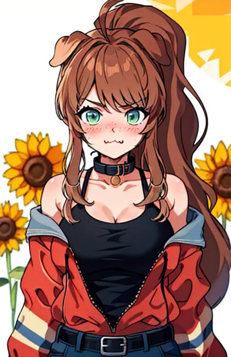 LilyBell_VT, 1girl, solo, long hair, breasts, blush,  bangs, large breasts, brown hair, animal ears, green eyes, ponytail, flower, ahoge, fang, collar, dog ears, sunflower, 