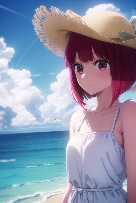 kanaarima, <lora:kana arima s1-lora-nochekaiser:1>,
kana arima, short hair, bangs, (red eyes:1.3), red hair, bob cut, smile,
BREAK hat, dress, ribbon, sleeveless, white dress, sleeveless dress, white headwear, sun hat, sundress,
BREAK outdoors, ocean, beach, sun, sky, clouds, day,
BREAK looking at viewer, (cowboy shot:1.5),
BREAK <lyco:GoodHands-beta2:1>, (masterpiece:1.2), best quality, high resolution, unity 8k wallpaper, (illustration:0.8), (beautiful detailed eyes:1.6), extremely detailed face, perfect lighting, extremely detailed CG, (perfect hands, perfect anatomy),